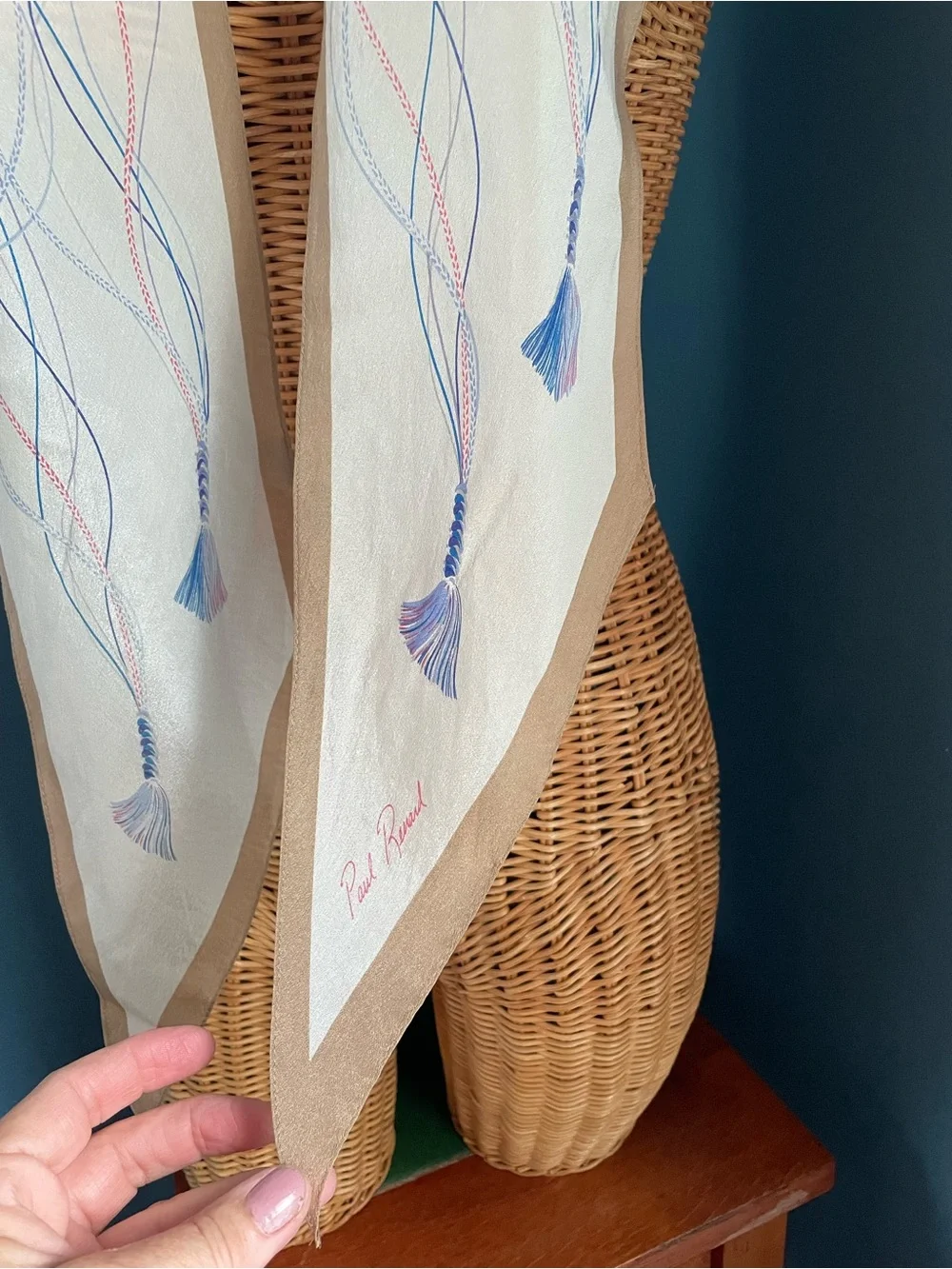 Paul Renard Vintage Silk Scarf Cream Beige Blue Tassel Print Pointed Edge